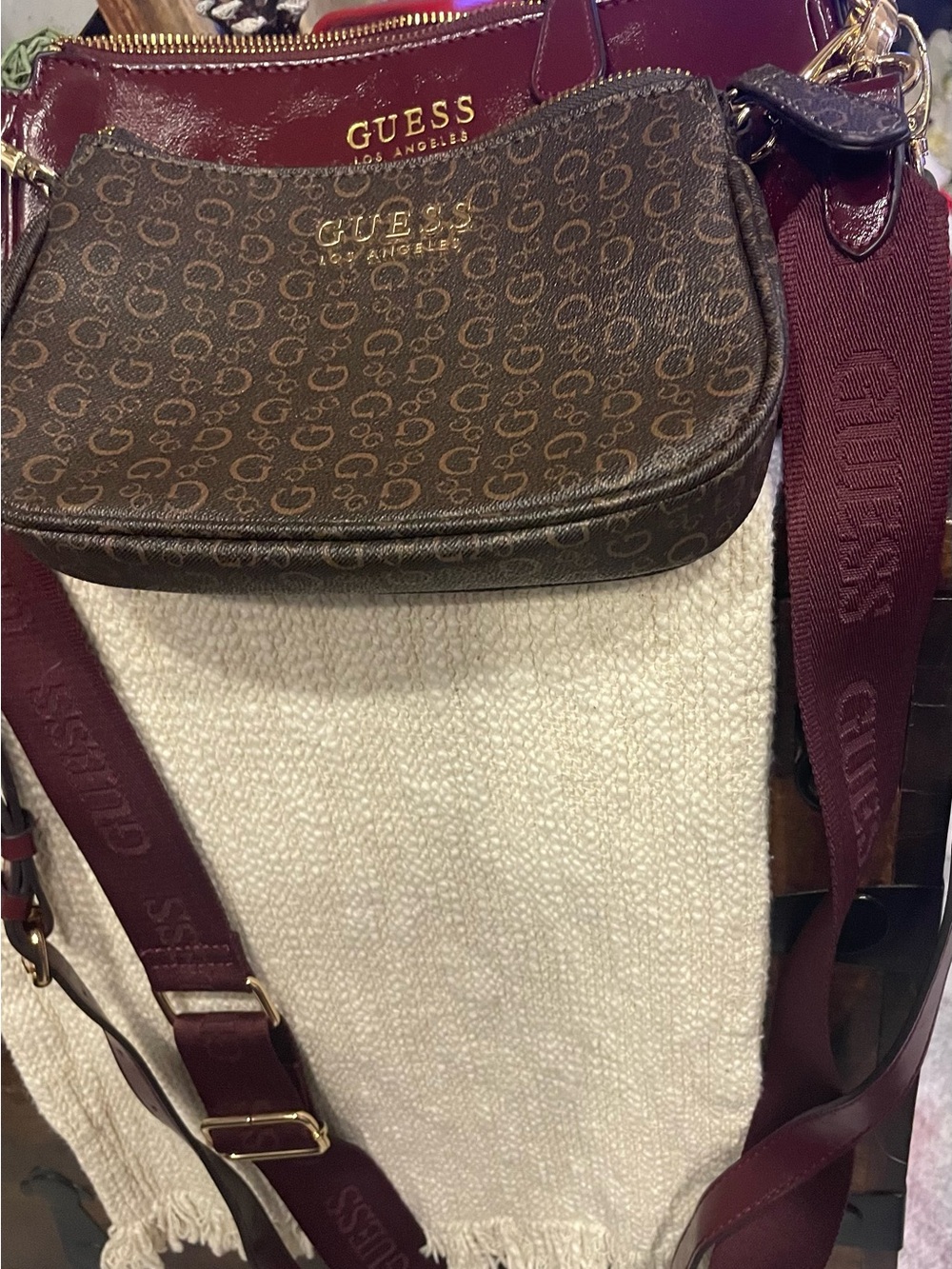 Guess Double Crossbody bag,Brown Monogram Crossbody with Burgundy Strap